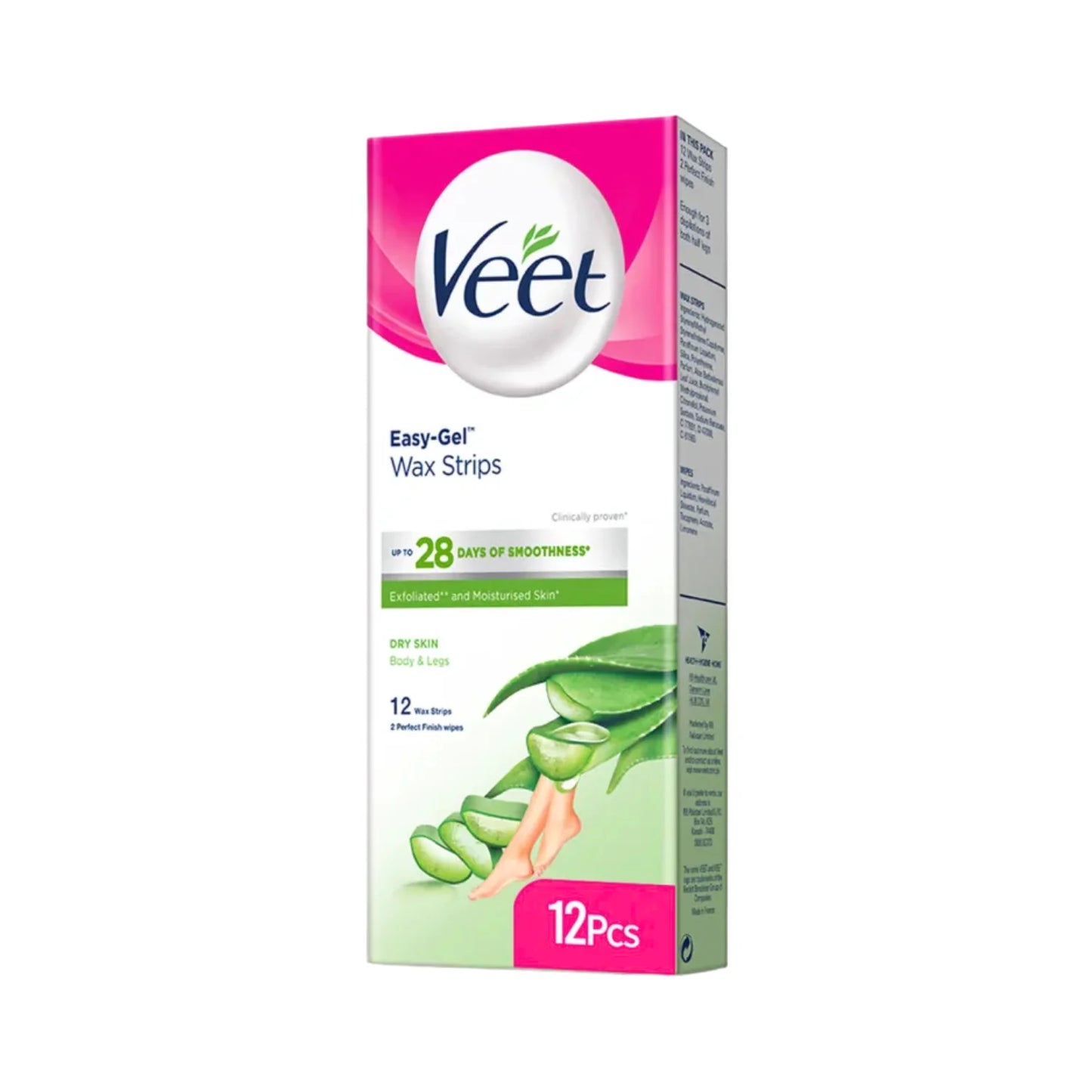 Veet Easy-Gel Wax Strips for Body and Legs Dry Skin with Aloe Vera and Green Tea Scent, 12 pcs