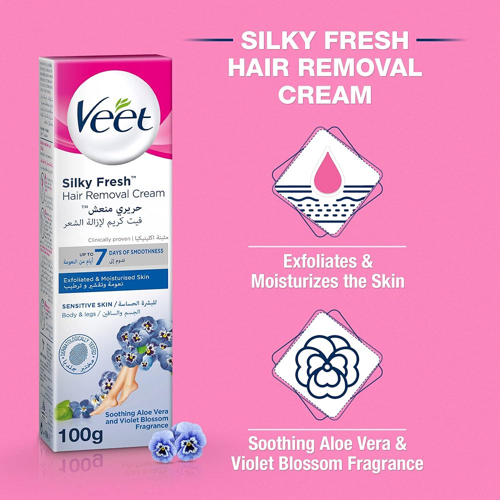 Veet Silky Fresh Hair Removal Cream Sensitive Skin - Body & Legs - Aloe Vera and Violet Blossom Fragrance, 120 g