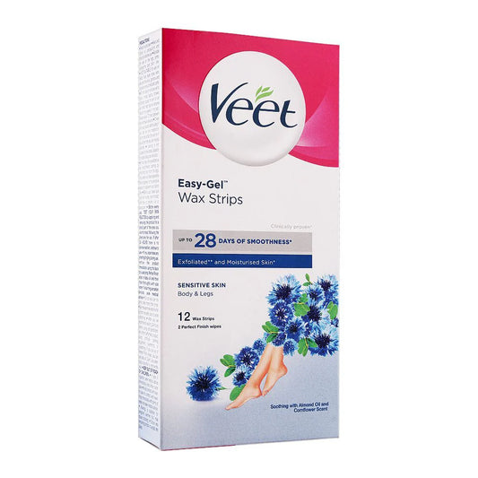 Veet Easy-Gel Wax Strips for Body and Legs Sensitive Skin with Almond Oil and Cornflower Scent, 12 pcs