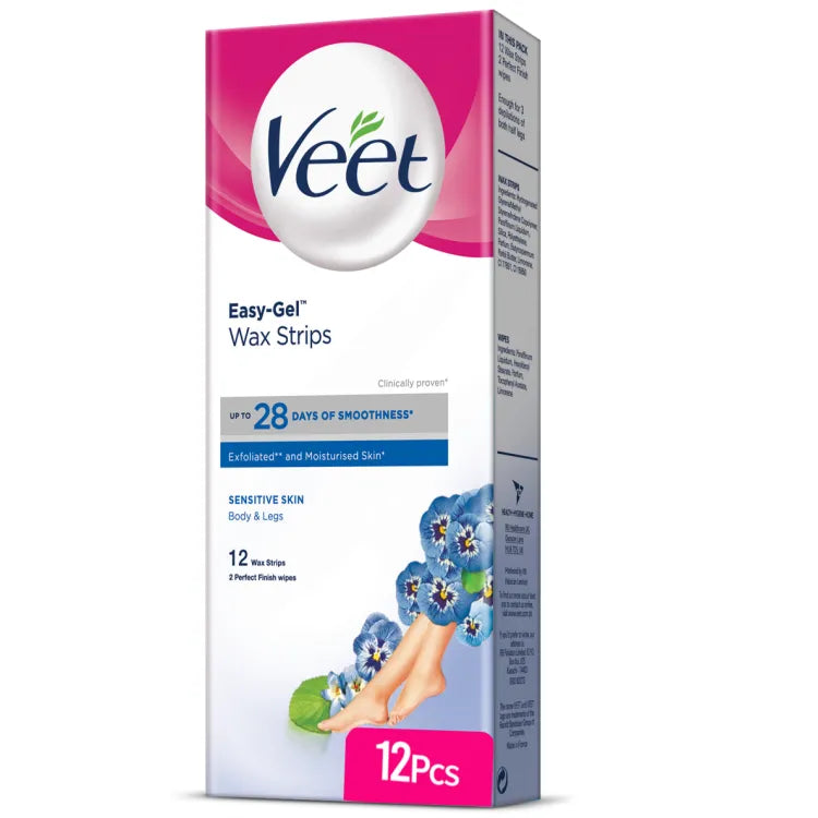 Veet Easy-Gel Wax Strips for Body and Legs Sensitive Skin with Almond Oil and Cornflower Scent, 12 pcs