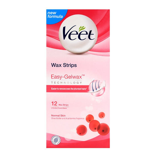 Veet Wax Strips Easy-Gelwax Technology for Normal Skin with Shea Butter And Acai Berries Fragrance, 12 pcs