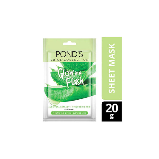 Ponds Juice Collection Aloe Vera Extract + Hyaluronic Acid Glow In A Flash Sheet Mask, 20 g