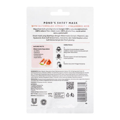 Ponds Juice Collection Watermelon Extract + Hyaluronic Acid Glow In A Flash Sheet Mask, 20 g