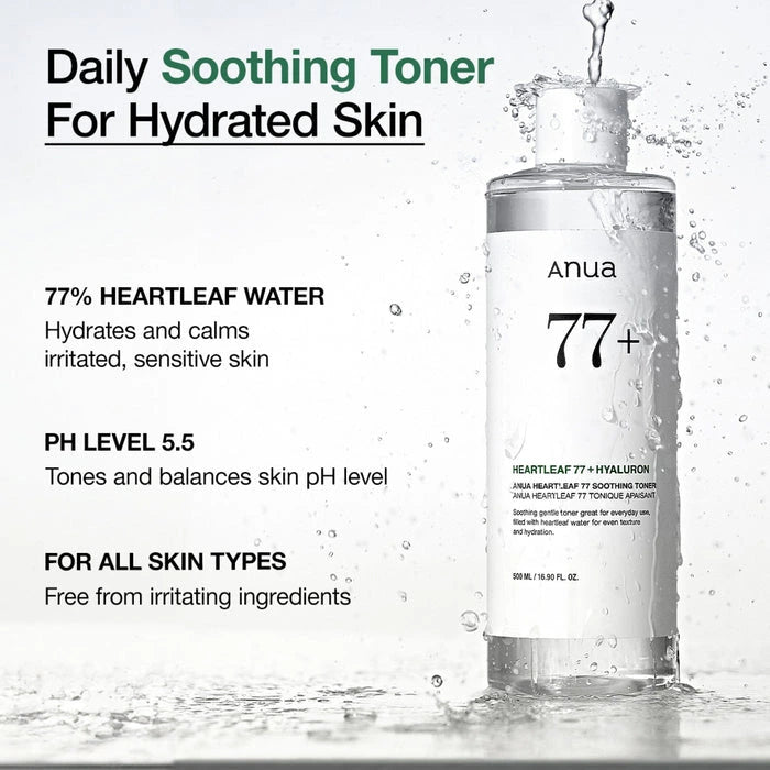 Anua 77% Heartleaf Water toner bottle with product details on a white background