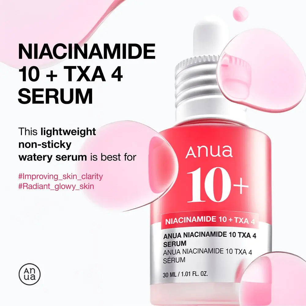 Anua Niacinamide 10 + TXA 4 serum bottle with pink droplets on a white background