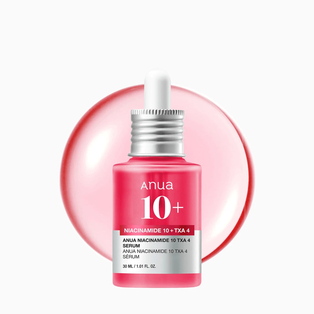 Pink skincare serum bottle with dropper on a white background