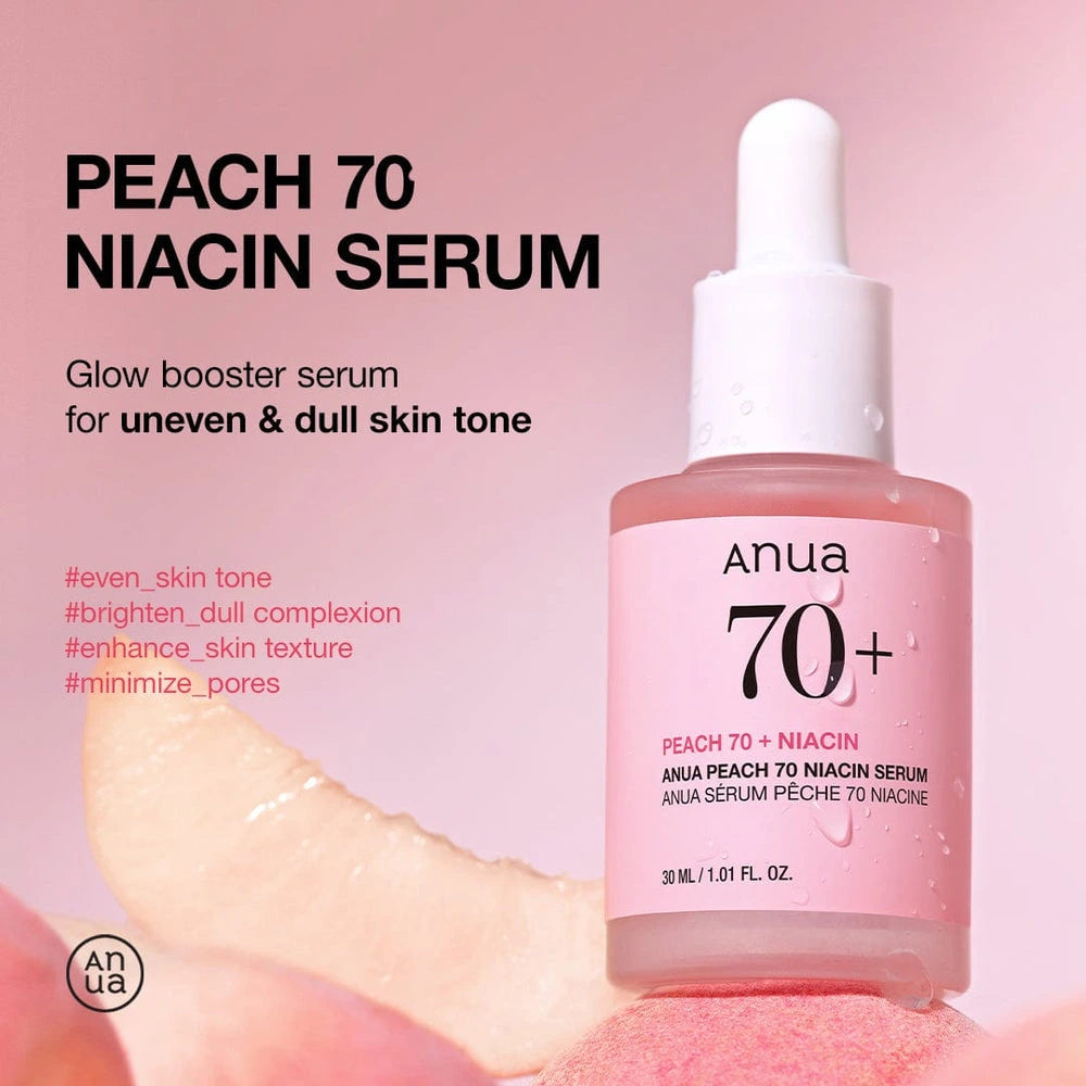 Anua Peach 70 Niacin Serum bottle with pink background and text.