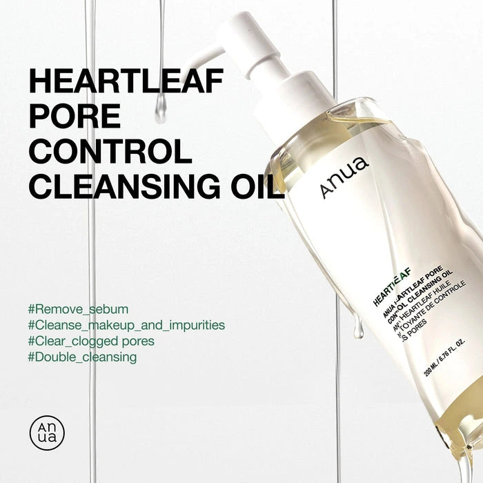 Anua Heartleaf Pore Control Cleansing Oil bottle with text on a white background