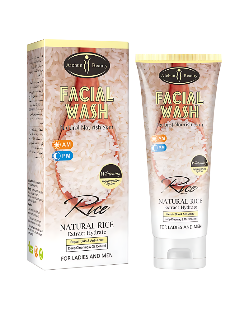 Packaging of Aichun Beauty Natural Rice Face Wash, showing the bottle and tube with product details, against a white background.