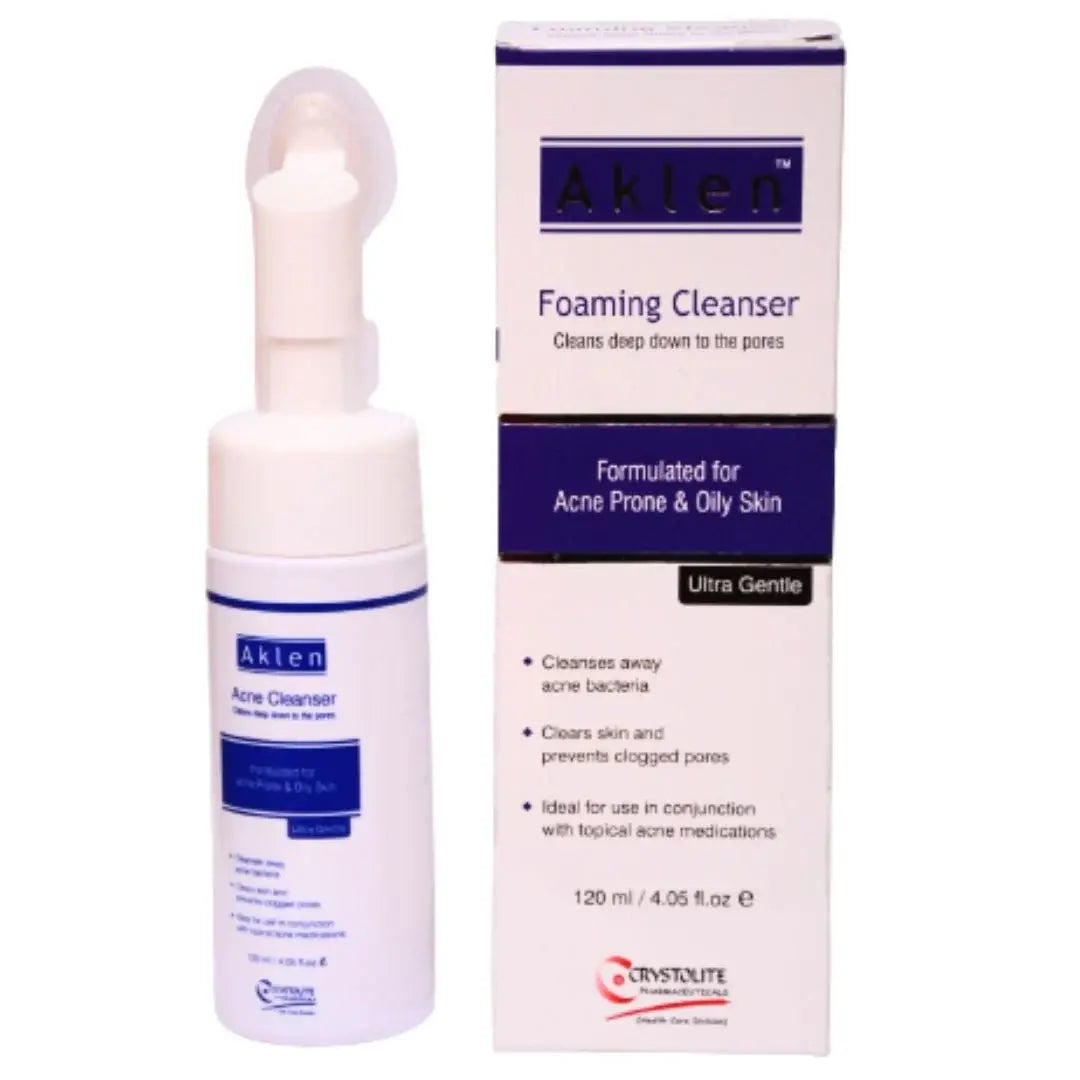 A 120 ml bottle of Aklen Foaming Cleanser with a white pump dispenser next to its white and blue retail box, shown on a plain white background.