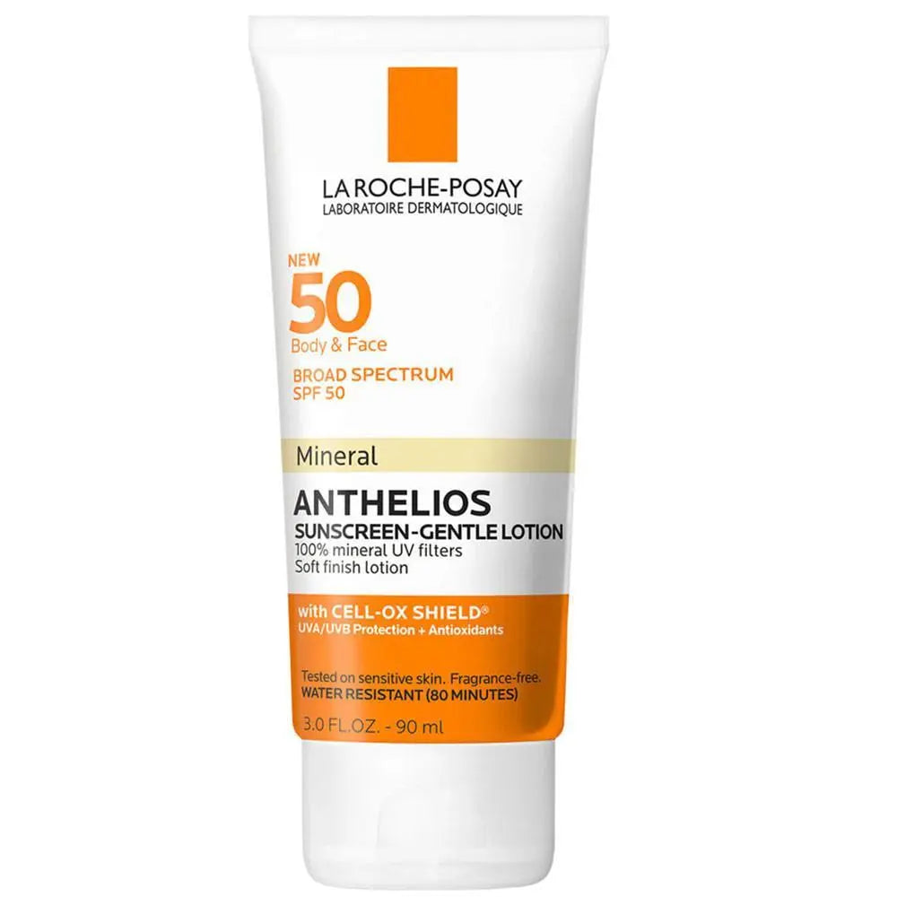 A 50 ml squeeze tube of La Roche-Posay Anthelios Mineral Sunscreen-Gentle Lotion SPF 50, featuring a white tube with orange and beige text and accents.