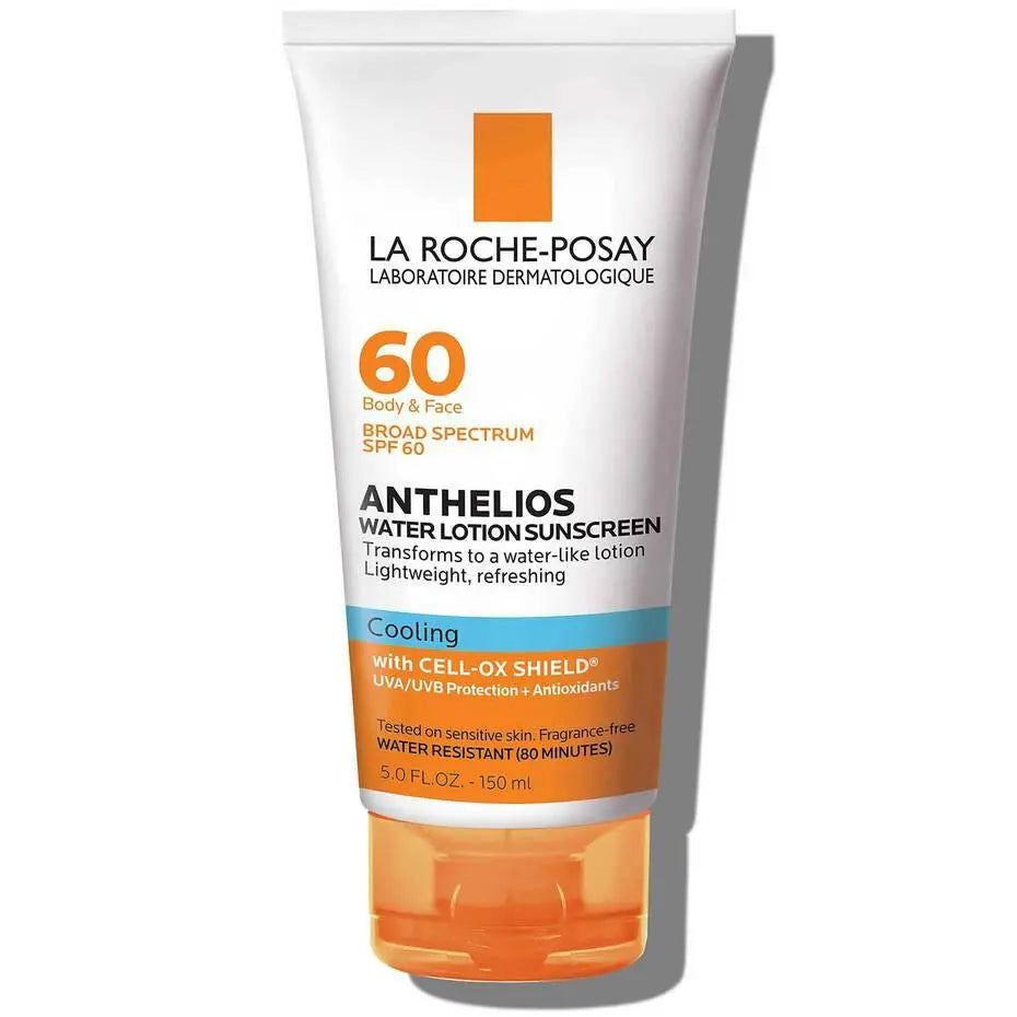 A 150 ml squeeze tube of La Roche-Posay Anthelios Water Lotion Sunscreen SPF 60, featuring a white tube with orange and blue accents and an orange cap, set against a plain white background with a soft shadow.