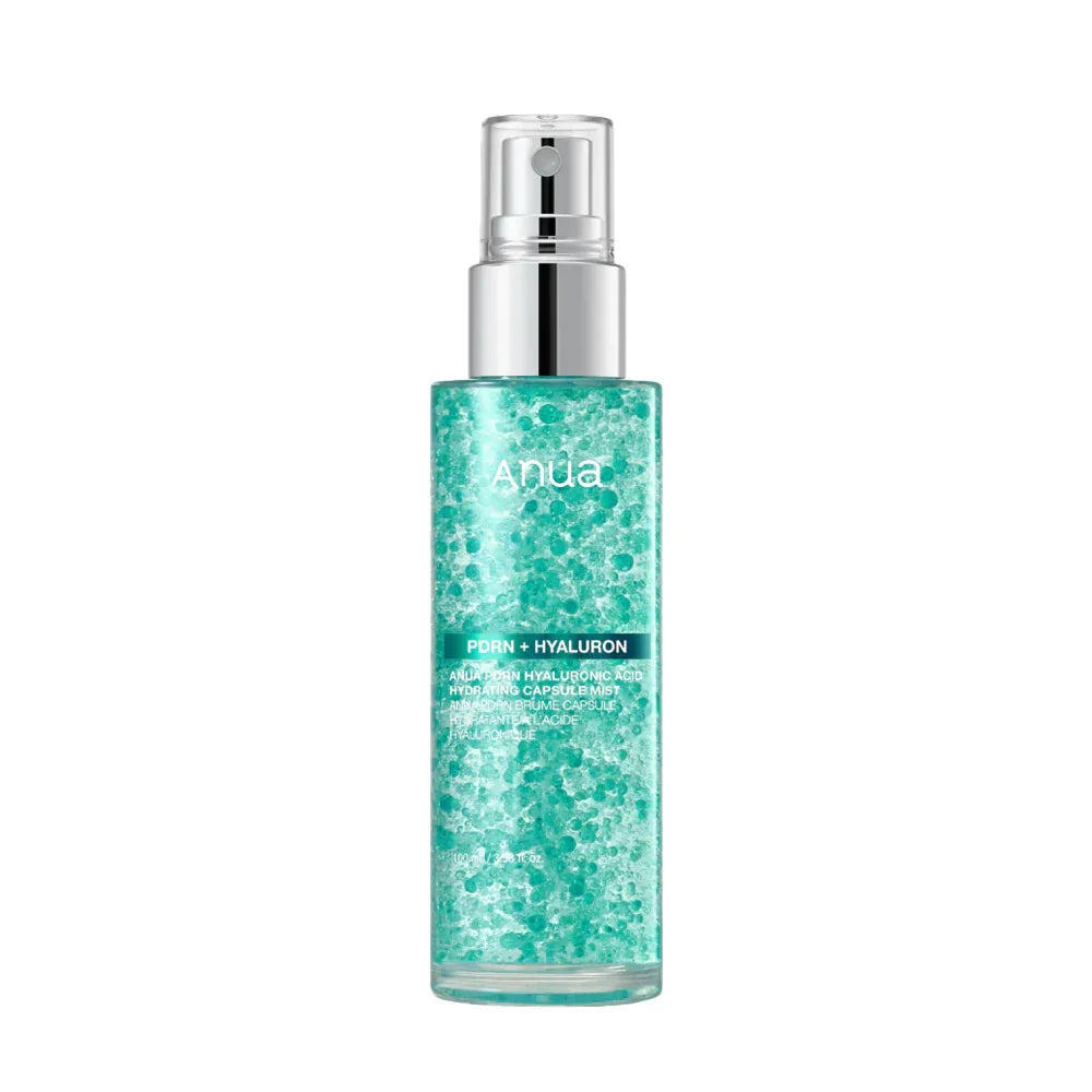 Anua Perkin + Hyaluron Hyaluronic Acid 2000 spray bottle in a vibrant teal-green color with a silver pump dispenser, shown on a solid white background.