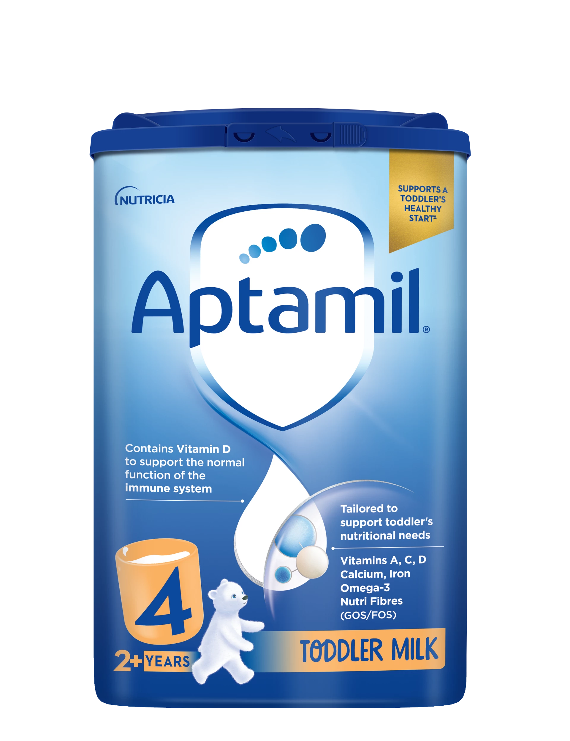 A canister of Aptamil Toddler Milk Stage 4 infant formula powder by Nutricia. The packaging is predominantly blue with a white shield logo, a yellow stage indicator, and a small polar bear illustration.
