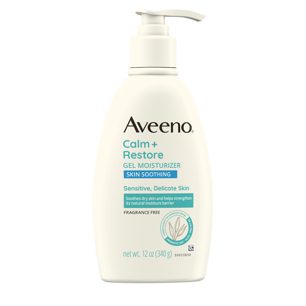 Aveeno Calm + Restore Gel Moisturizer bottle on a white background
