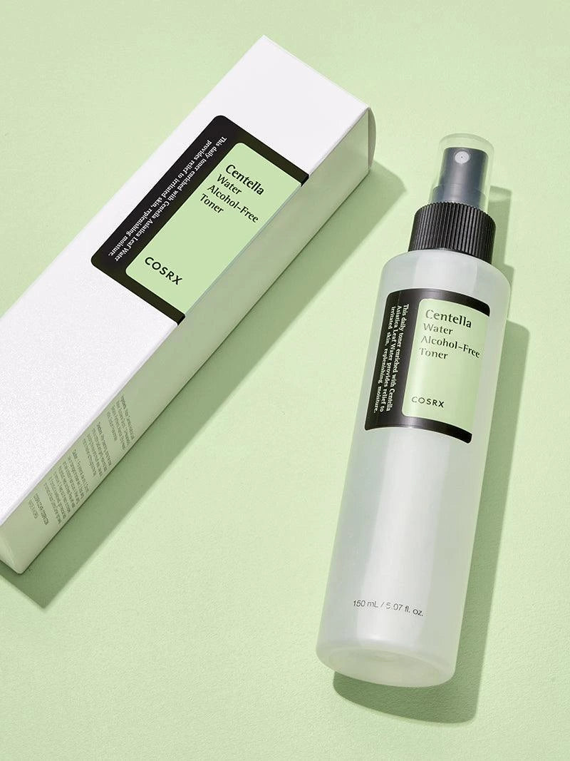 Cosrx Cencha water alcohol-free toner bottle on a light green background