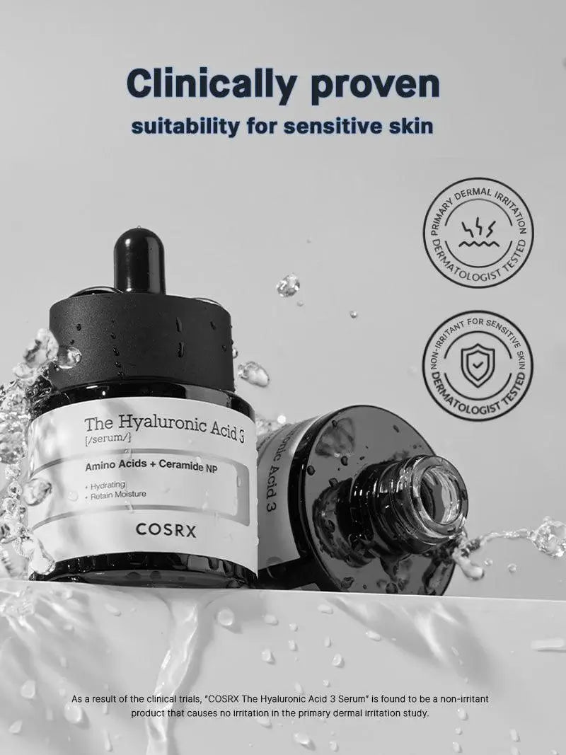 Cosrx skincare product with text about clinically proven suitability for sensitive skin on a gray background.