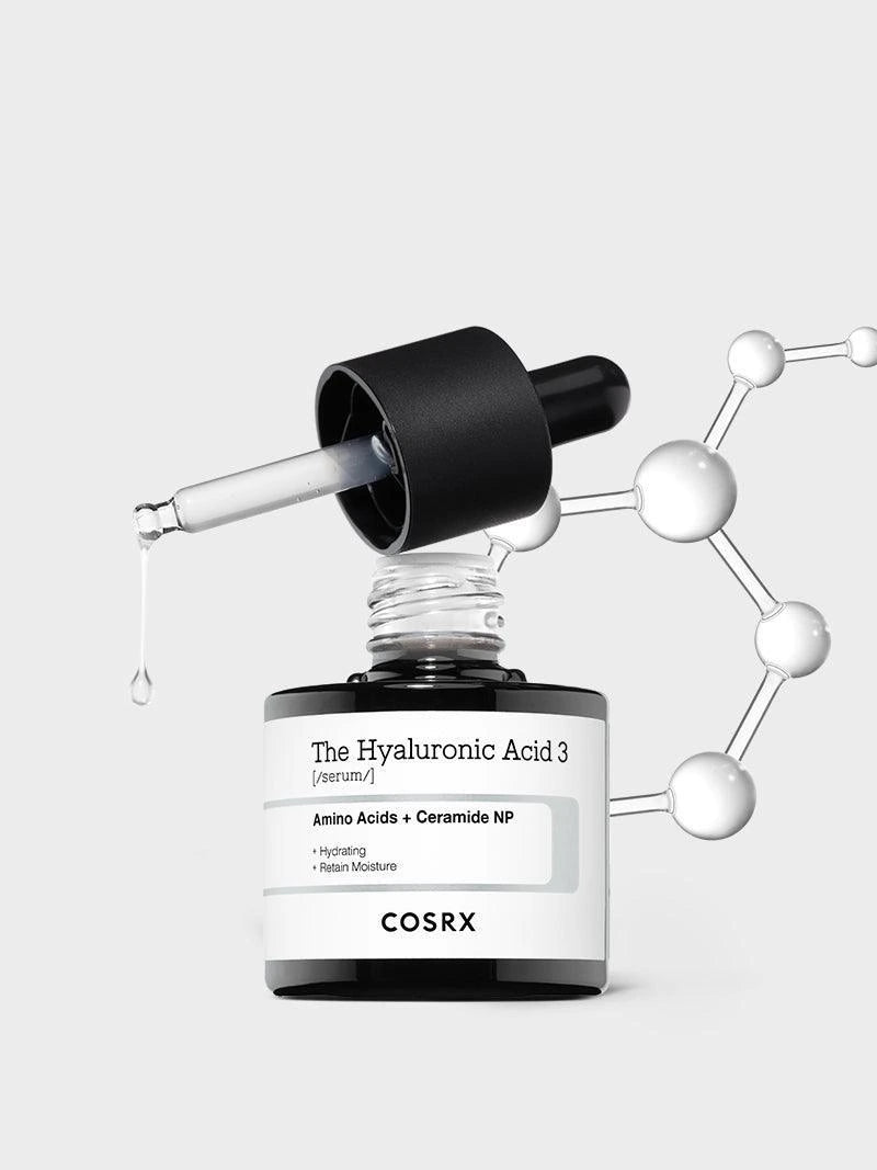 Cosrx Hyaluronic Acid 3 skincare product with dropper on a light gray background