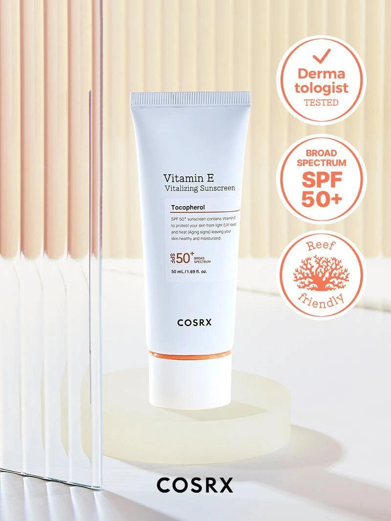 Cosrx sunscreen tube with SPF 50+ on a neutral background