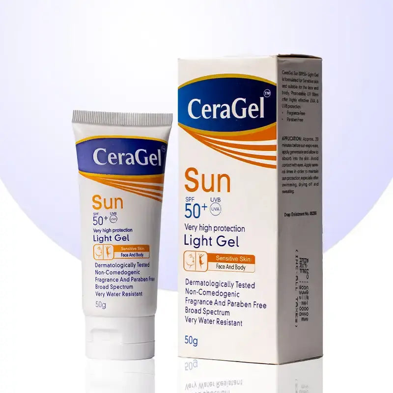 CeraGel Sun SPF 50+ Very High Protection Light Gel 50g sunscreen shown as a white squeeze tube with blue and orange branding next to its matching white cardboard packaging box.
