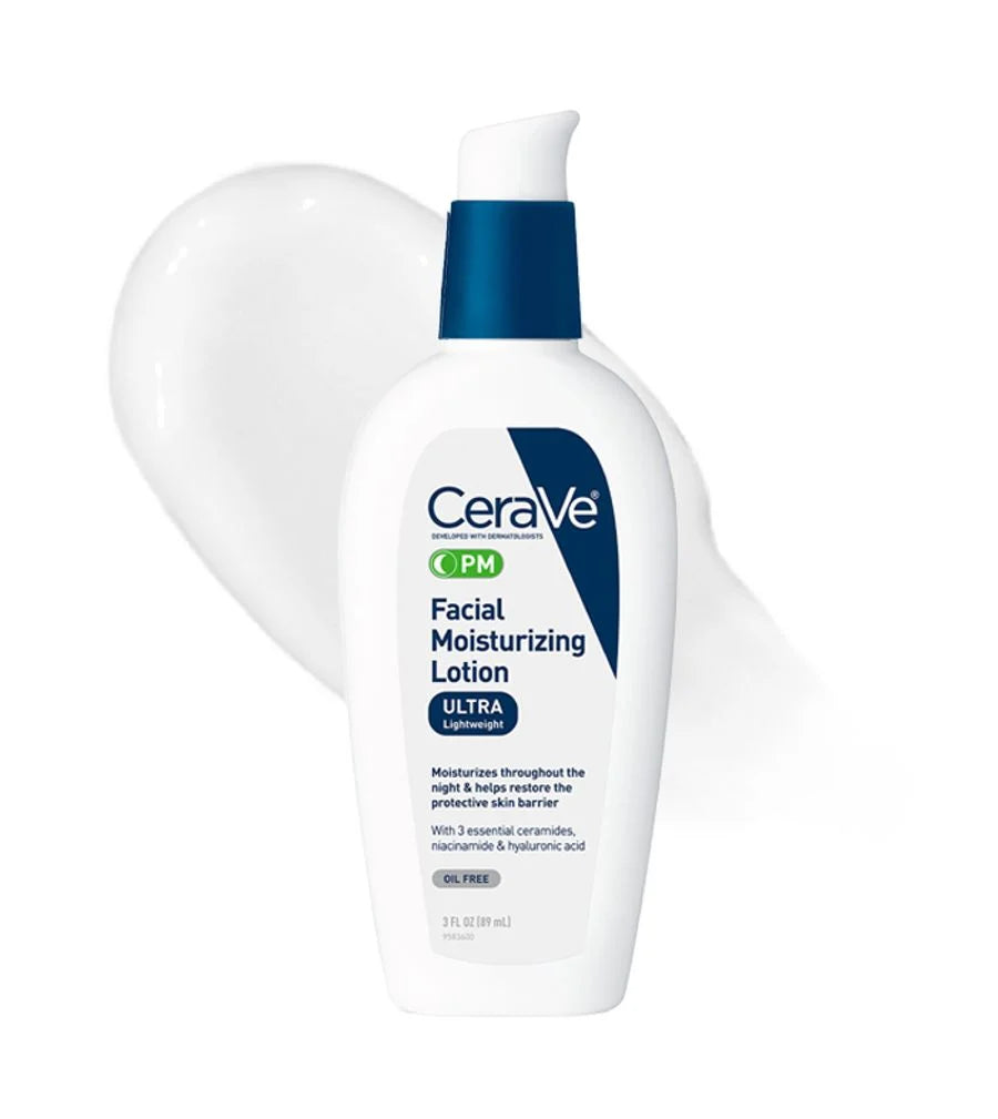 CeraVe PM Facial Moisturizing Lotion in a white pump bottle with a blue cap, shown against a white background with a soft white cream smear behind it.