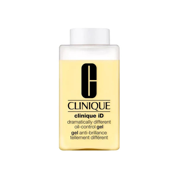 Clinique iD dramatically different oil-control gel in a clear plastic bottle with a white cap, showing the pale yellow gel inside against a white background.