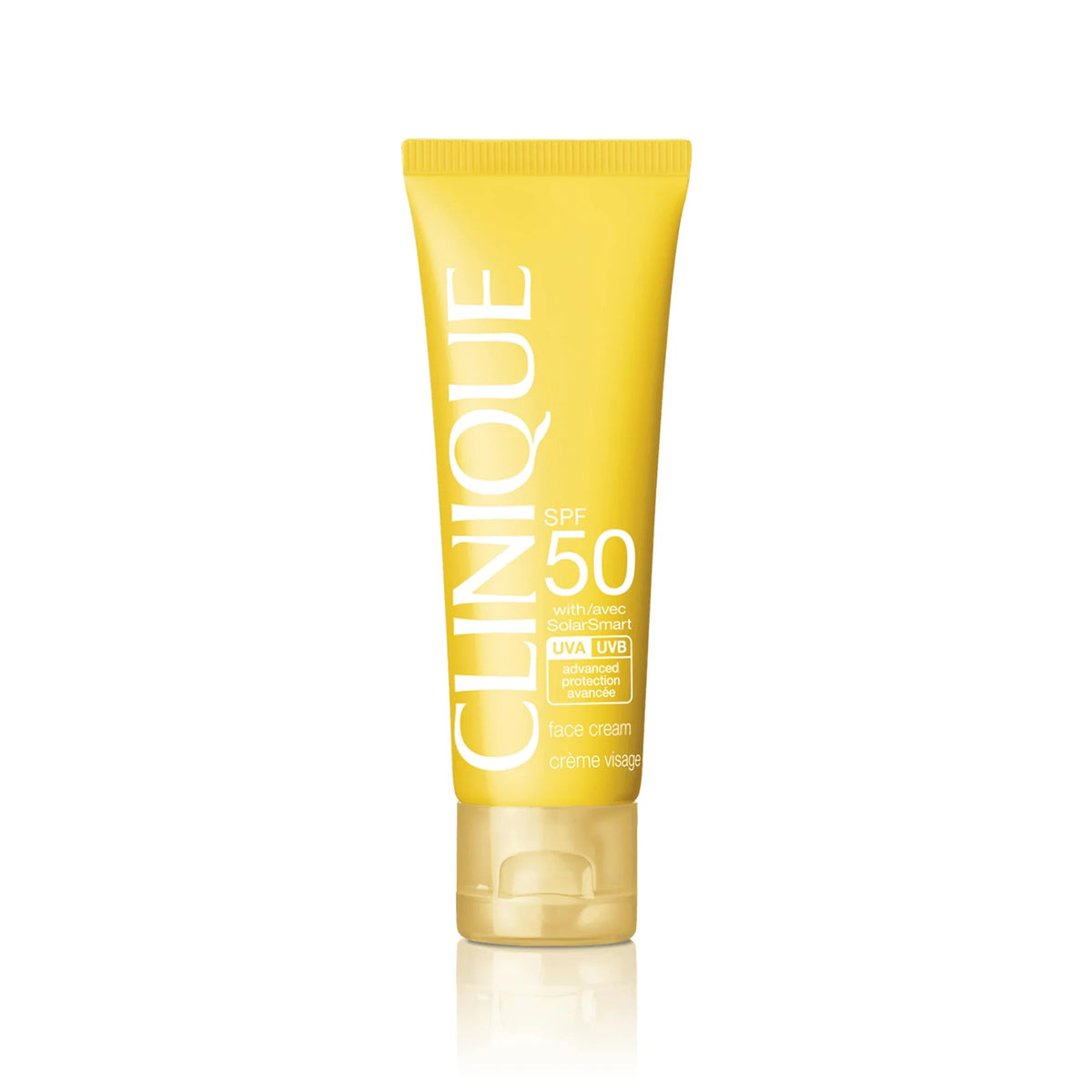 Clinique SPF 50 Face Cream in a yellow squeeze tube with a gold cap, shown on a clean white background with a subtle reflection.