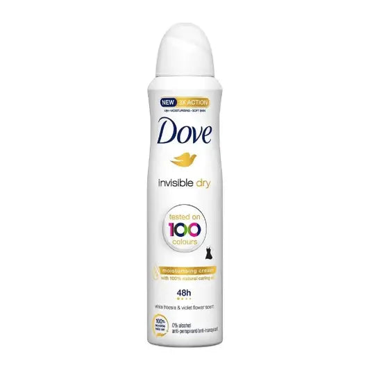 Dove invisible dry deodorant spray on a white background