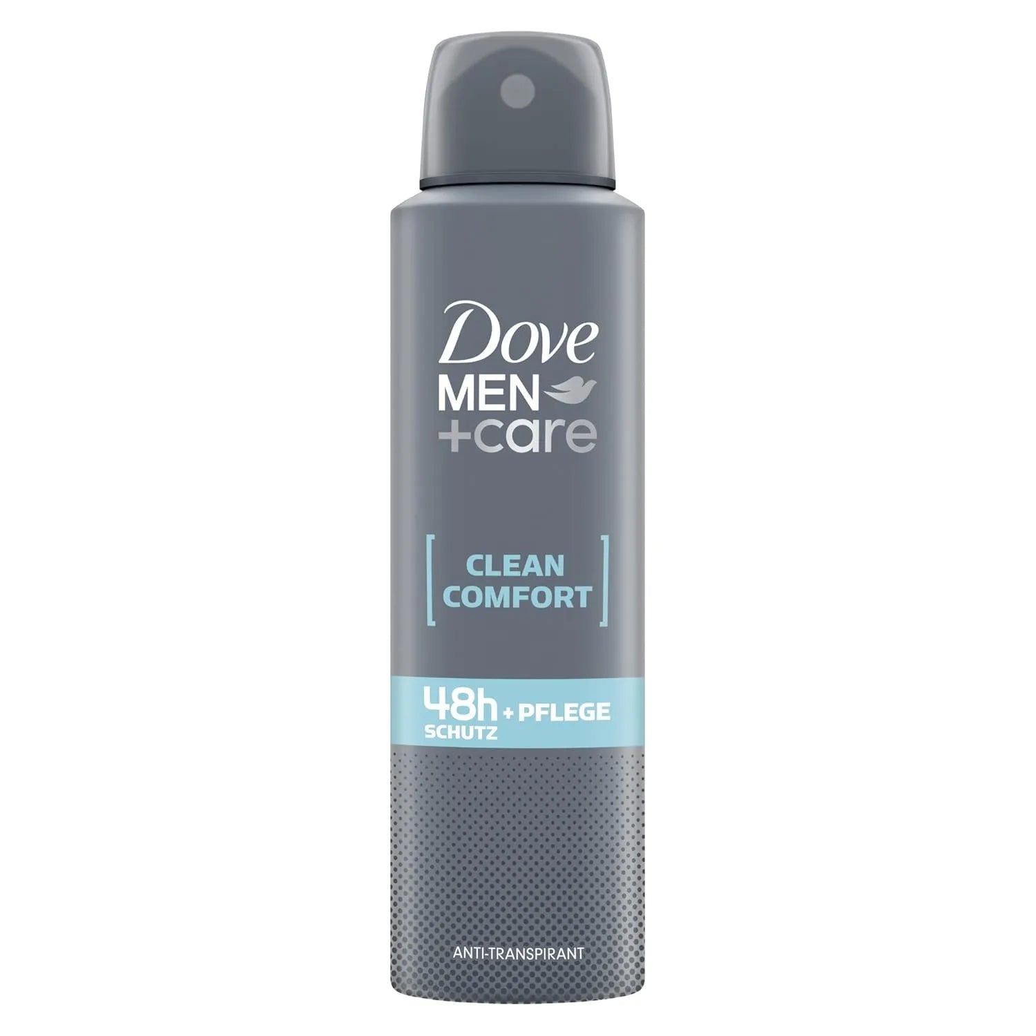 Dove Men+Care deodorant spray bottle on a white background