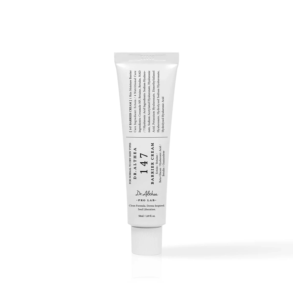 A white squeeze tube of Dr. Almeri Paris 147 Barber Cream, standing upright on a clean white background with a soft reflection underneath.