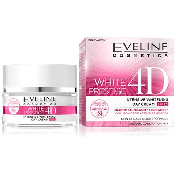 Eveline Cosmetics White Prestige 4D cream jar and packaging on a white background