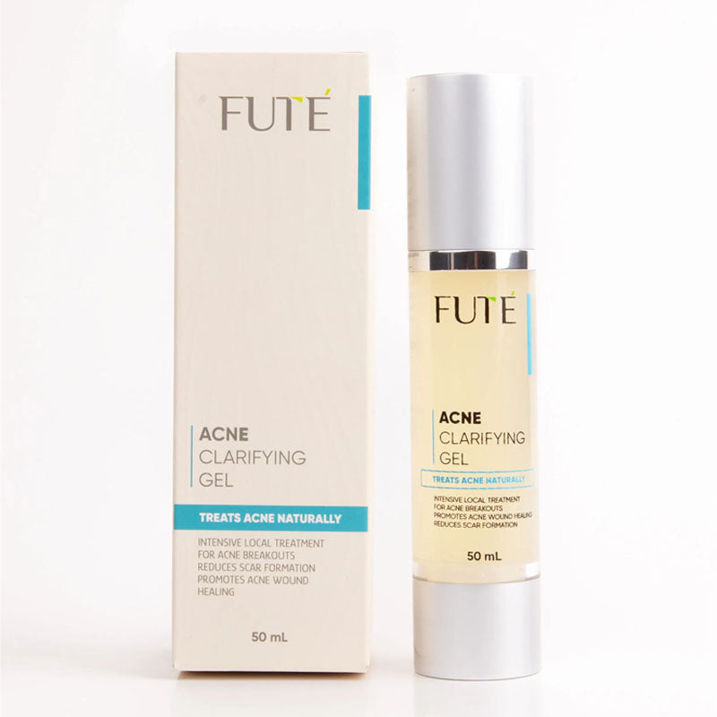 FUTE Acne Clarifying Gel shown with its beige and white packaging box and the clear cylindrical gel tube with a white cap on a white background.