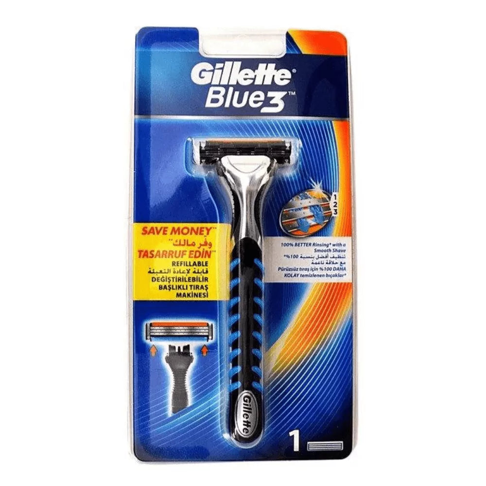 Gillette Blue 3 disposable razors in a 1-pack, shown in its original blue and orange blister packaging against a white background.