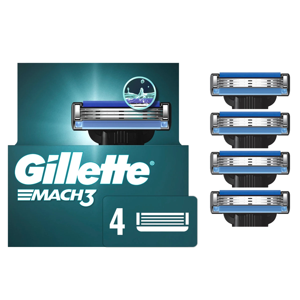 Gillette Mach3 razor heads packaging with four razor heads displayed on a white background