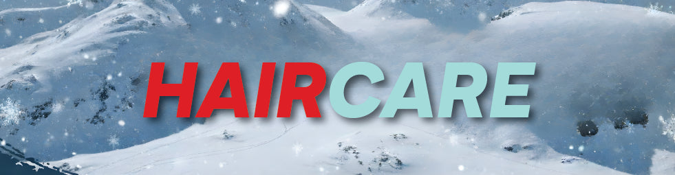 Text 'HAIRCARE' in red and green on a snowy mountain background