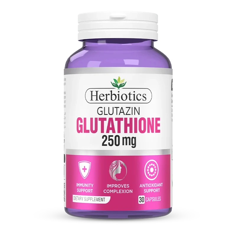 A bottle of Herbiotics Glutamin Glutathione 250 mg dietary supplement capsules, featuring a purple translucent bottle, white cap, and a white and pink label.