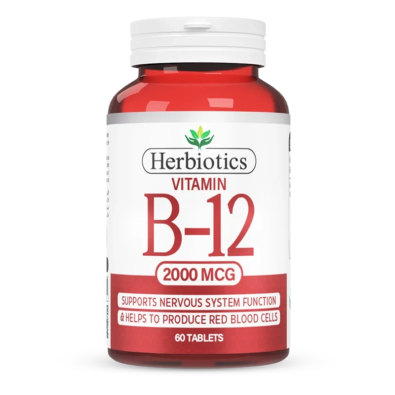A bottle of Herbiotics Vitamin B-12 2000 MCG tablets, featuring a red translucent bottle, white cap, and a white label with red and green text.