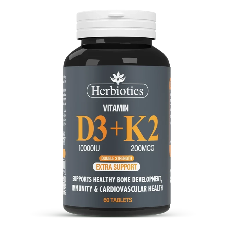 Herbiotics Vitamin D3+K2 supplement bottle on a white background