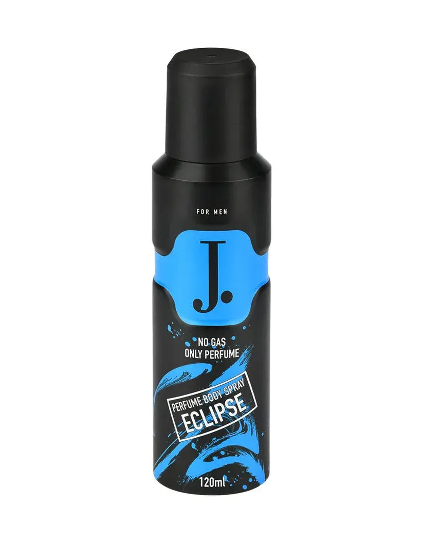 Black and blue perfume bottle labeled 'J.' on a white background