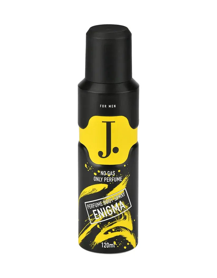 Black and yellow perfume bottle with 'J.' branding on a white background