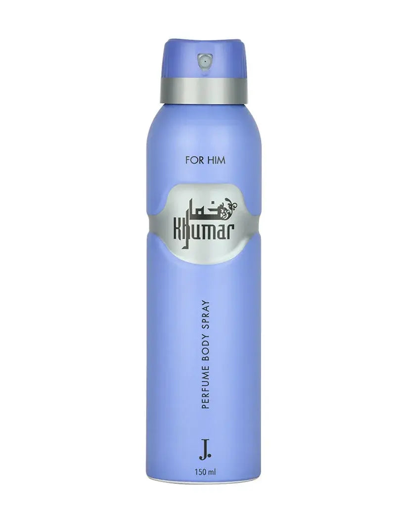 Blue perfume body spray bottle with 'Rajuma' branding on a white background