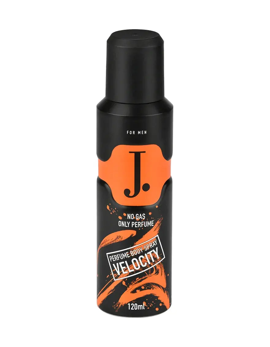 Black and orange perfume spray bottle labeled 'J' on a white background