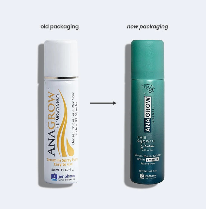 Comparison of Anagrow hair growth serum old and new packaging on a white background