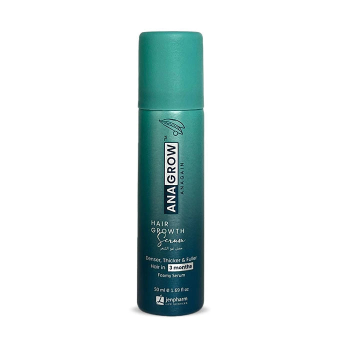 Green bottle of Anagrow hair growth serum on a white background