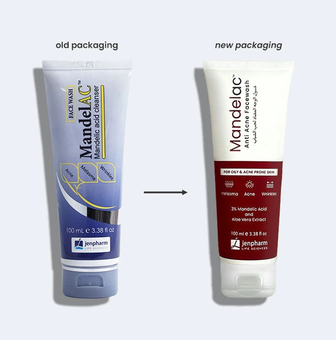 Comparison of old and new packaging for Mandelac face wash on a white background
