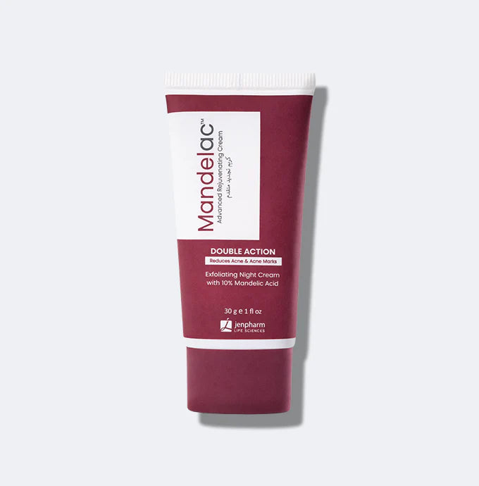 Tube of Mandelac Double Action cream on a white background
