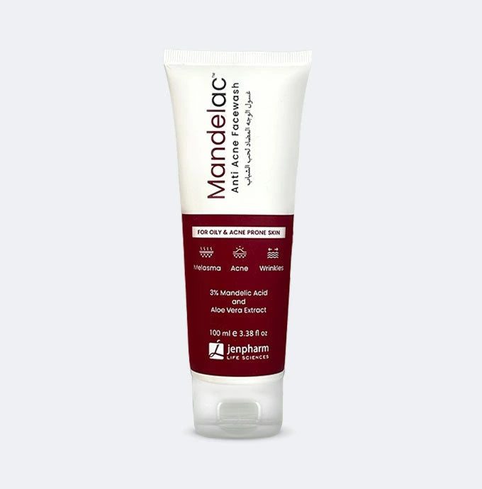 Tube of Mandelac anti-acne face wash on a white background