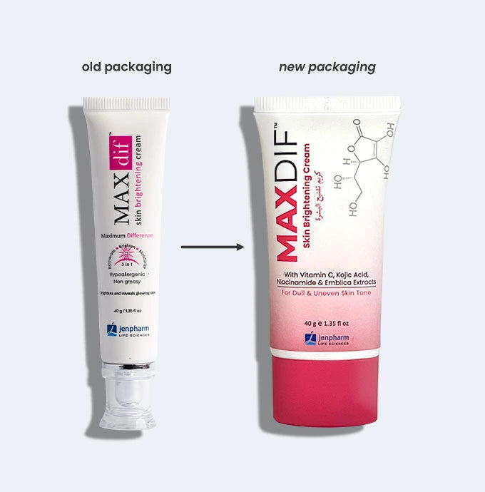 Comparison of old and new MAXDIF skincare cream packaging on a light gray background