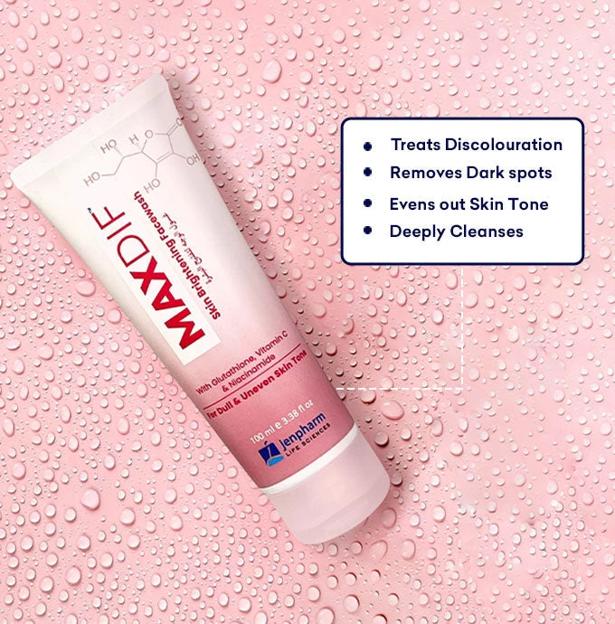 Maxdie skincare tube on a pink background with product benefits listed