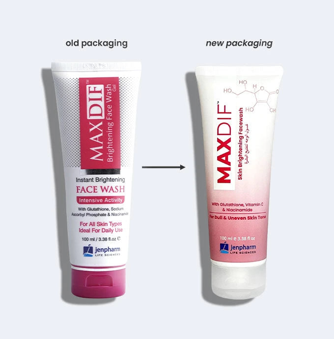 Comparison of Maxdif face wash packaging with old and new designs on a white background